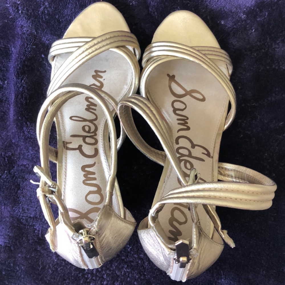 Gold strappy wedge sandals. Open toe